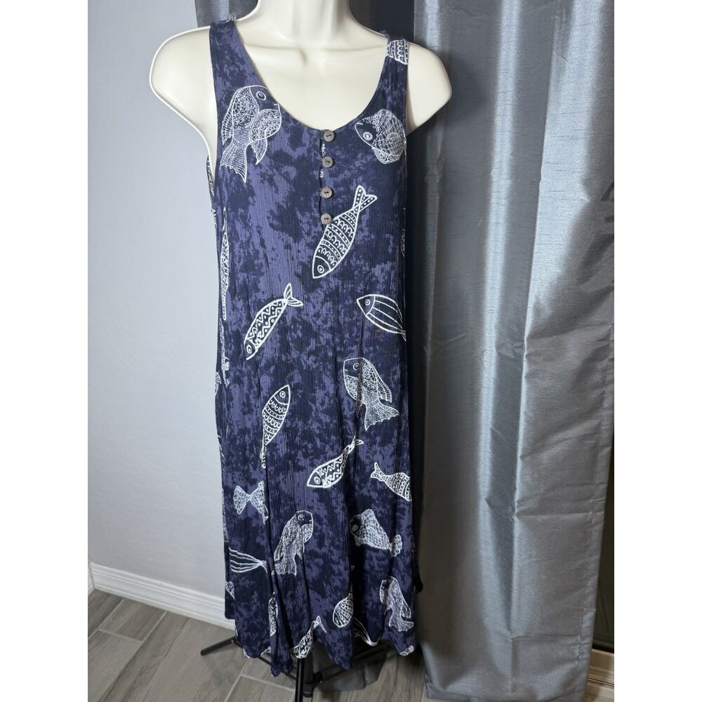 Kaktus Women’s Rayon Dress Medium Coastal Nautical Boho Cocktail Beachy Fish